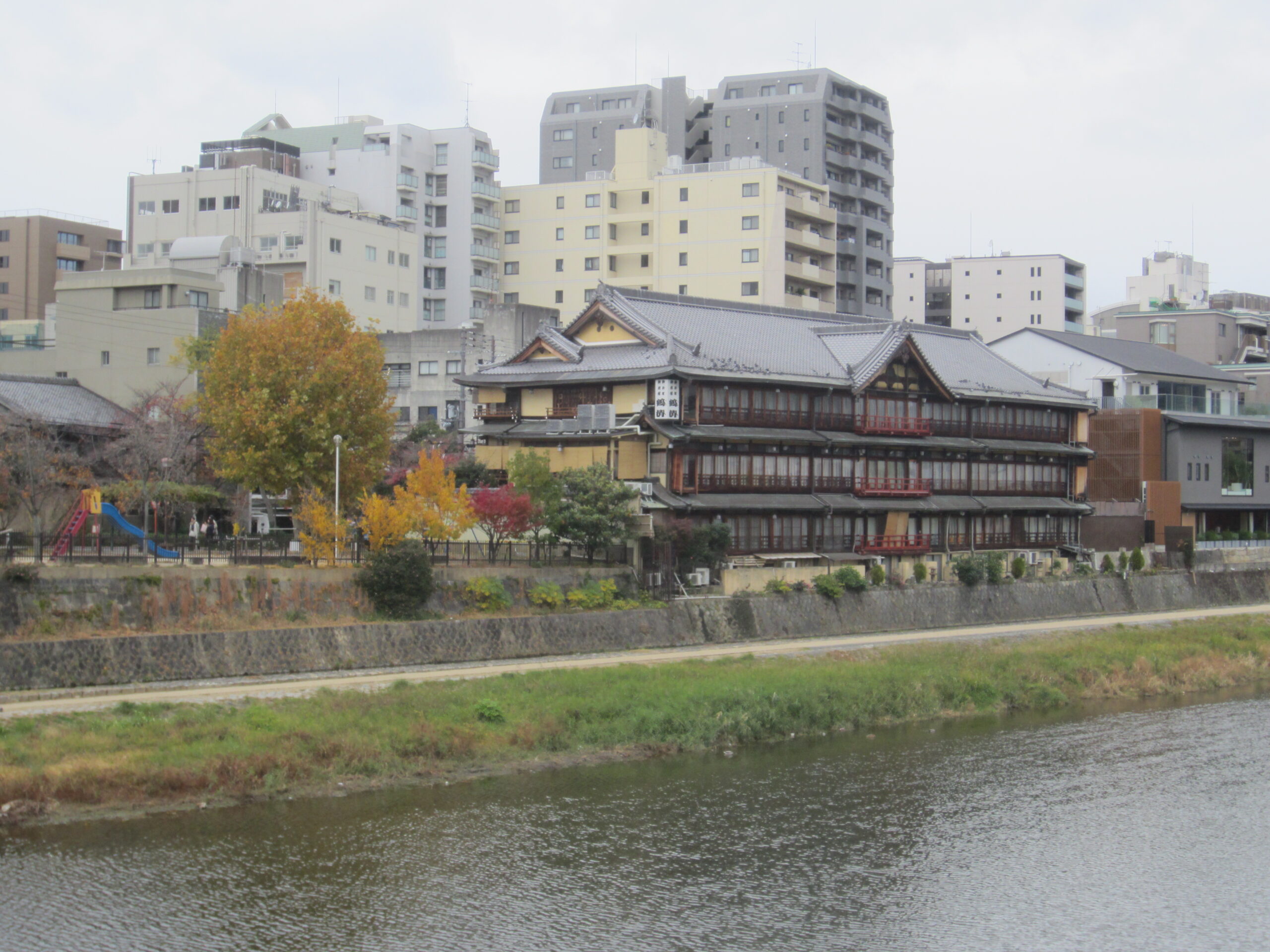 Buildings along the Kamo River in Kyoto