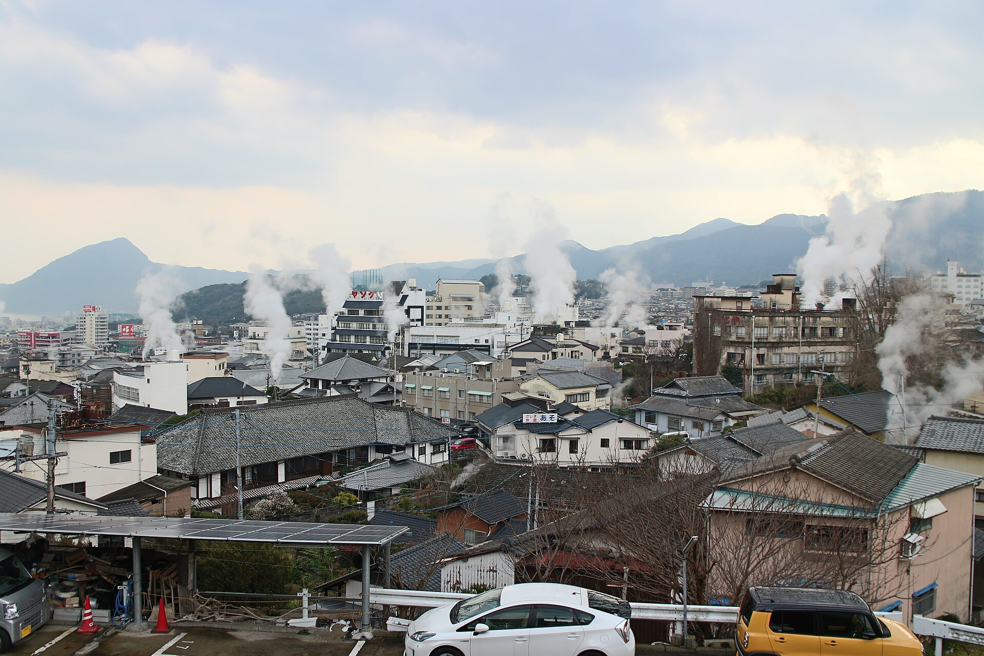 Steam rising across Beppu's onsen neighbourhoods