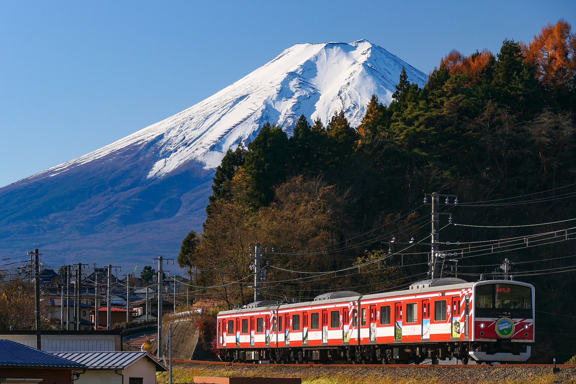Fujikyu Railway train with Mount Fuji behind it