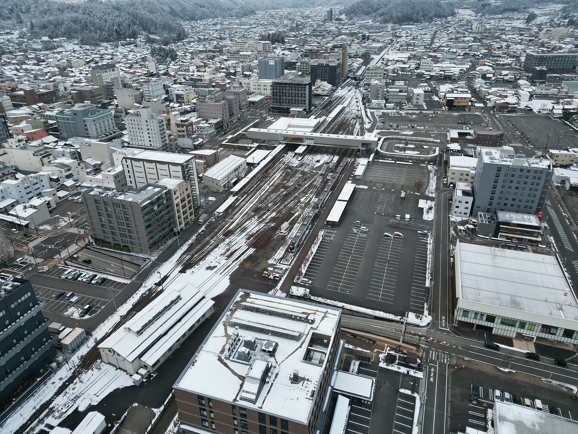 Takayama train and bus station area viewed from above