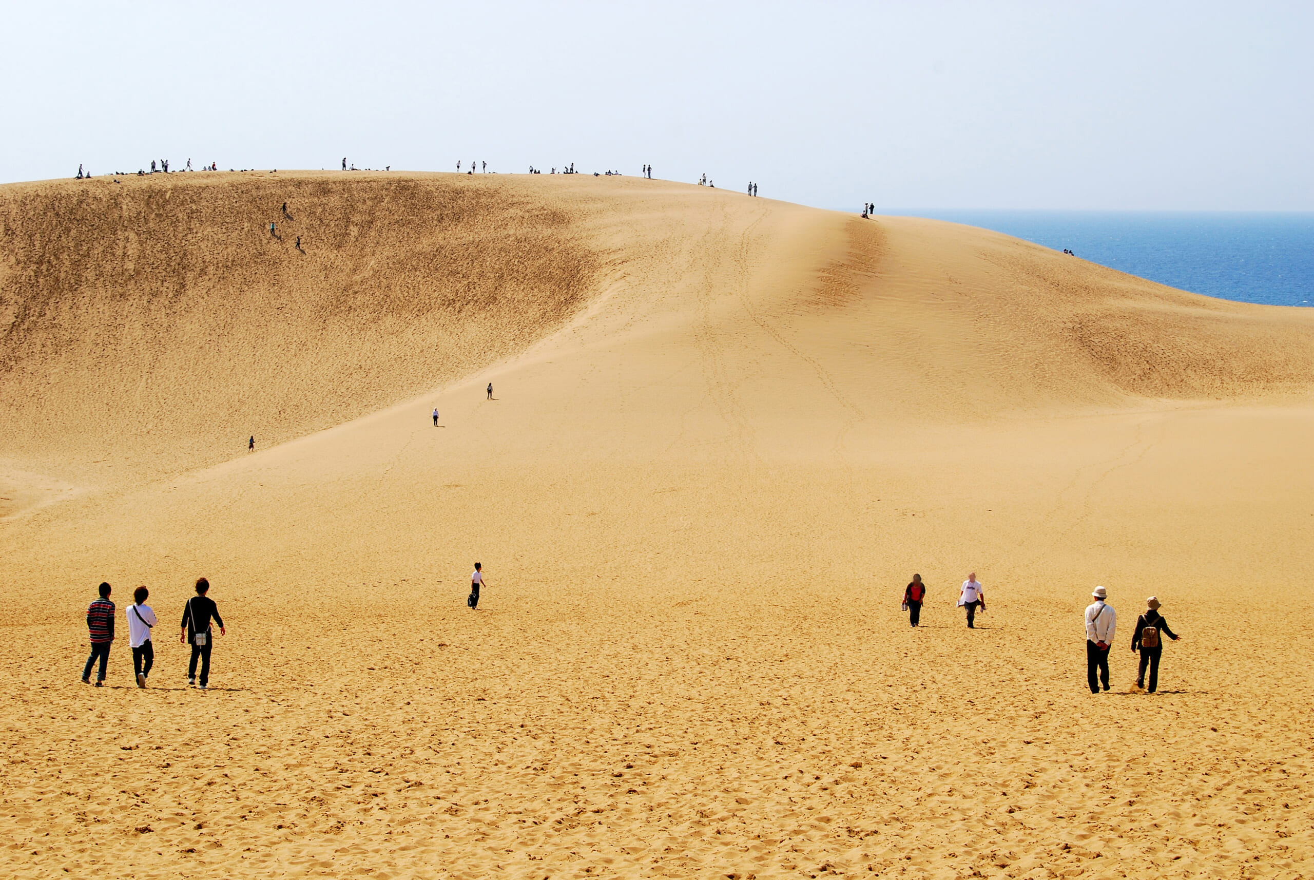 Visitors climbing a broad sand slope at the Tottori Sand Dunes